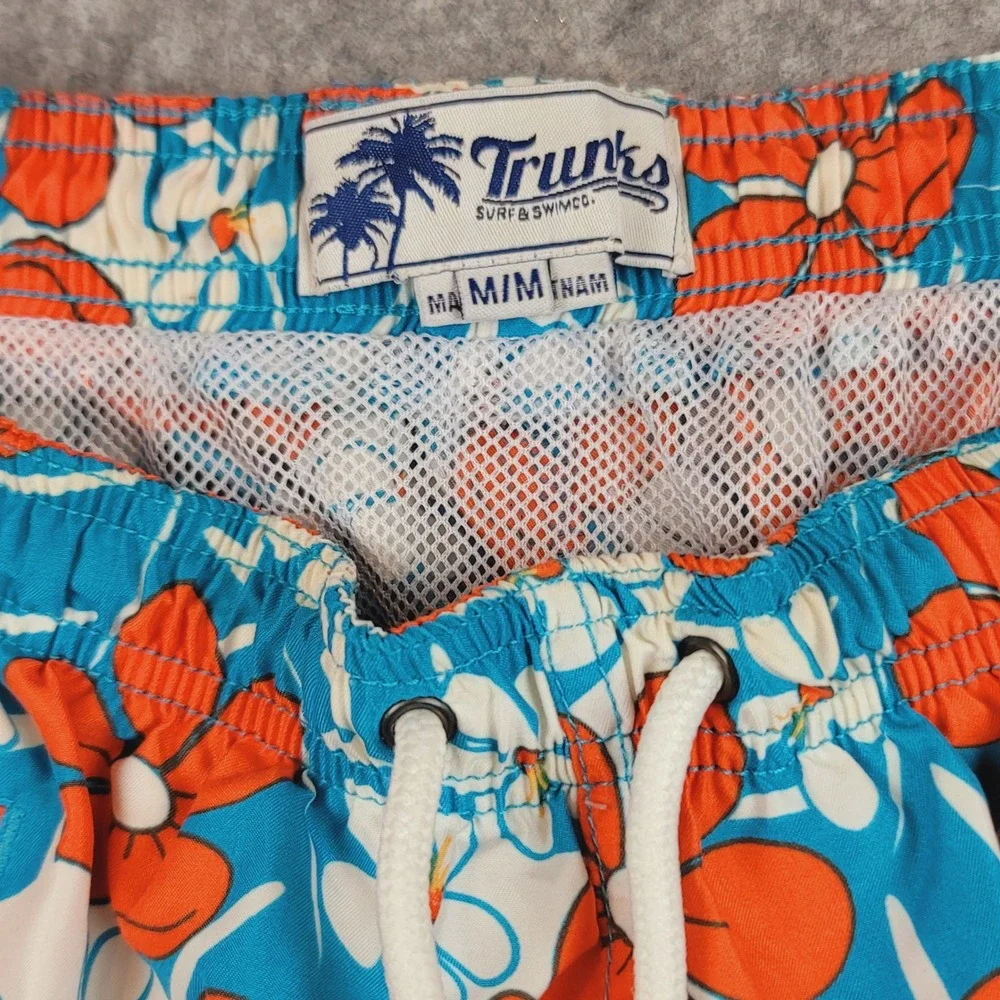 Trunks Surf & Swim Co Men Blue Orange Floral Swim Trunks Size Medium Mesh Lining